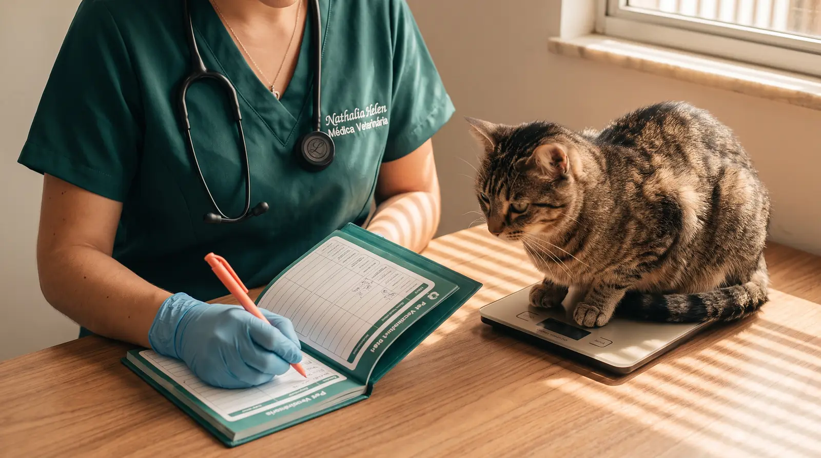 Médica veterinária anotando o peso de um gato na caderneta de saúde