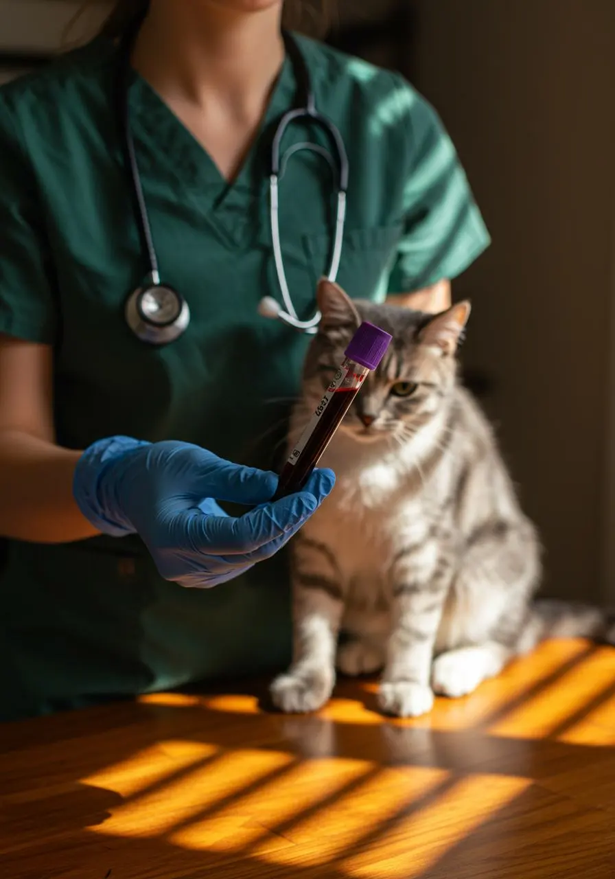 Médica-veterinária segurando um tubo de coleta de sangue ao lado de um gato