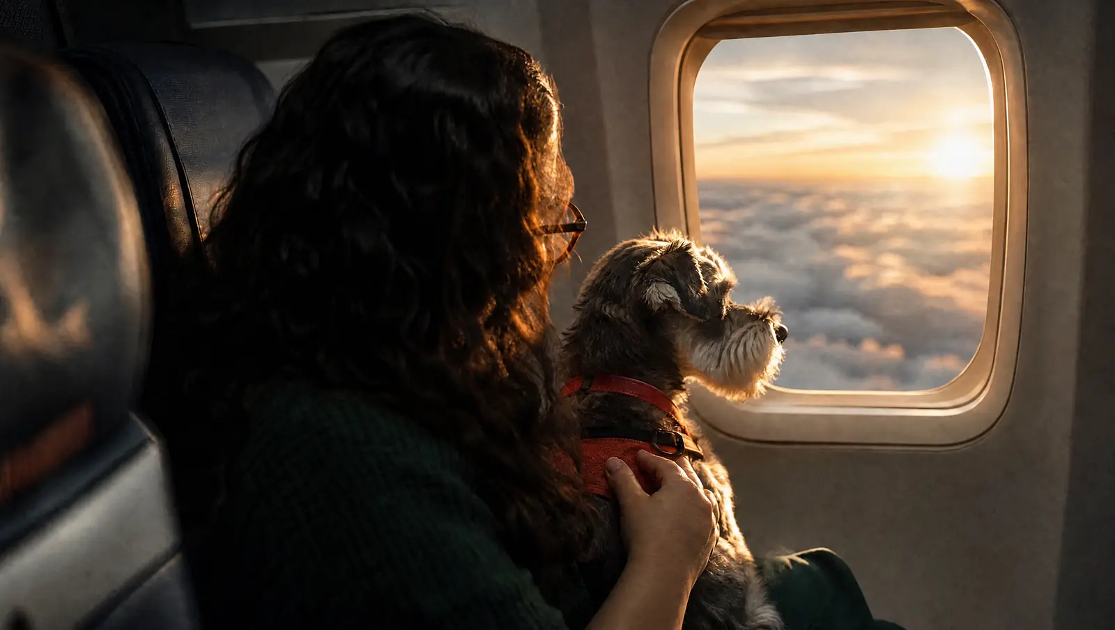 Tutora com o cão no colo olhando pela janela do avião