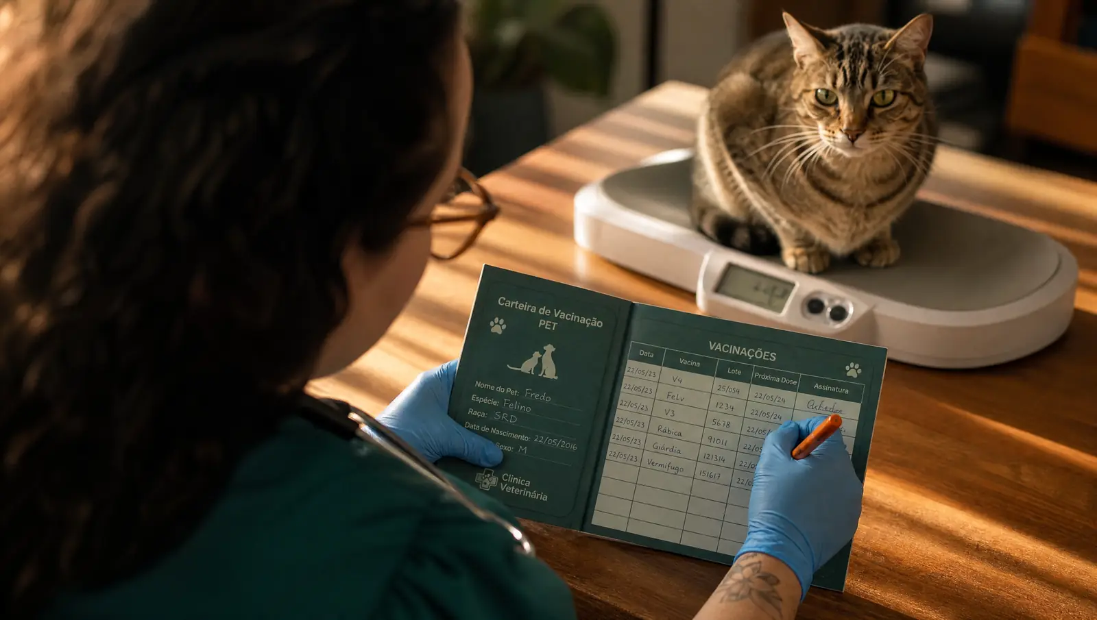 Médica veterinária preenchendo a caderneta de saúde de um gato