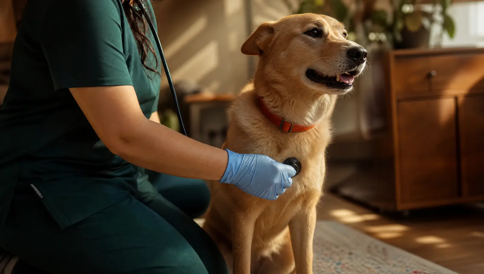 Médica veterinária examinando um cão em casa