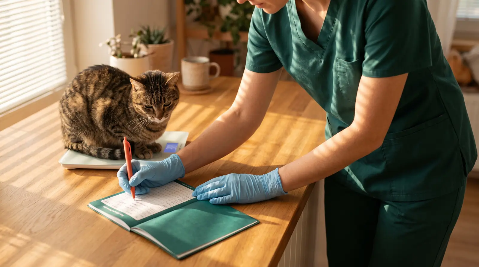 Médica veterinária anotando na caderneta de saúde ao lado de um gato