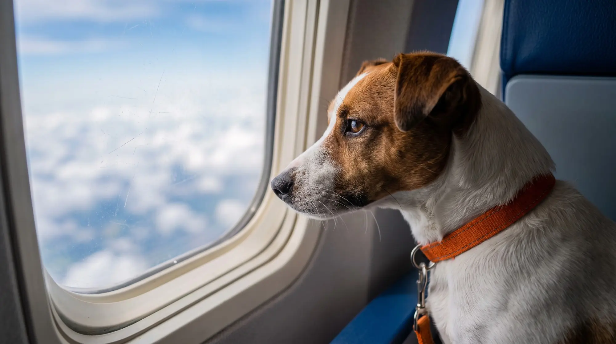 Cachorro olhando pela janela do avião durante uma viagem com a documentação em dia