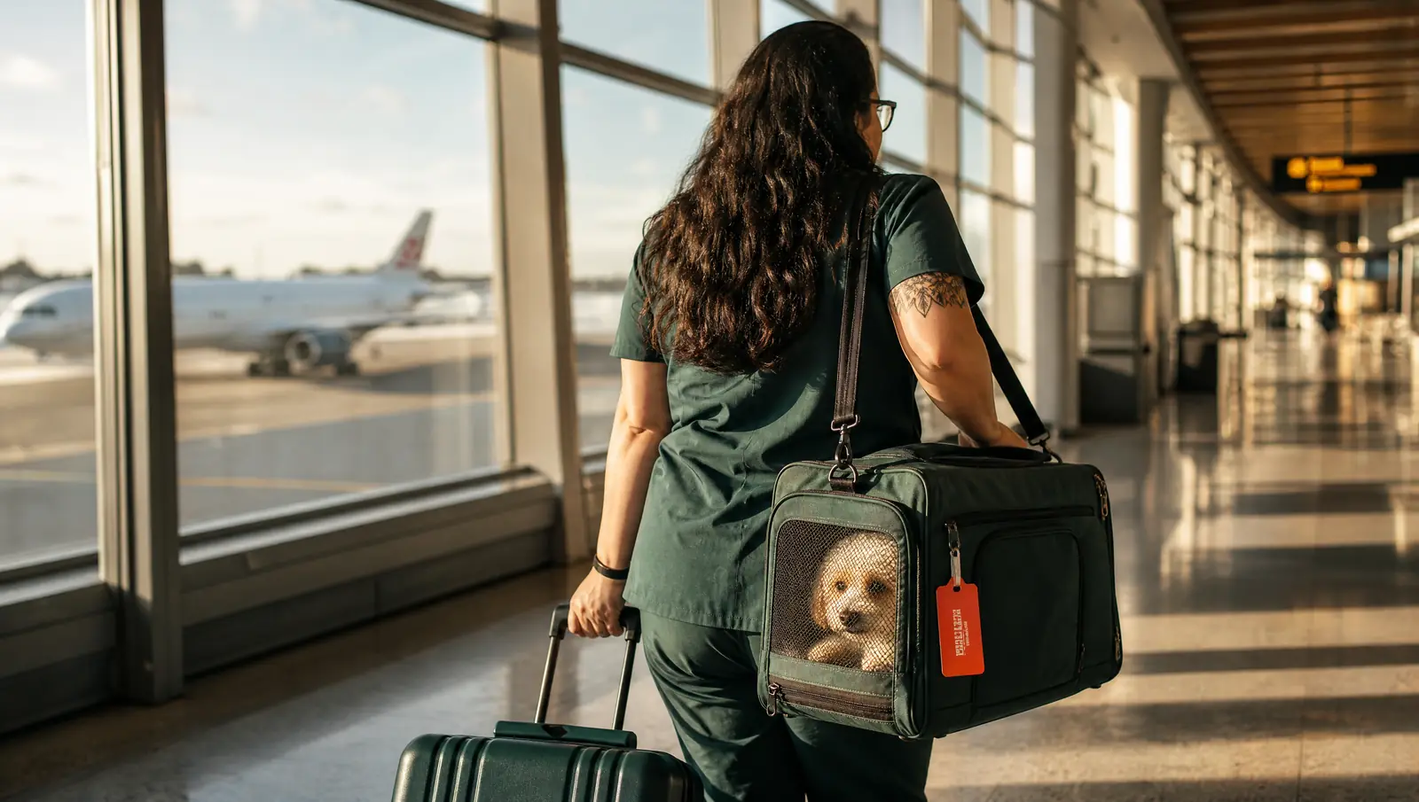 Profissional caminhando em um aeroporto com o pet na bolsa de transporte