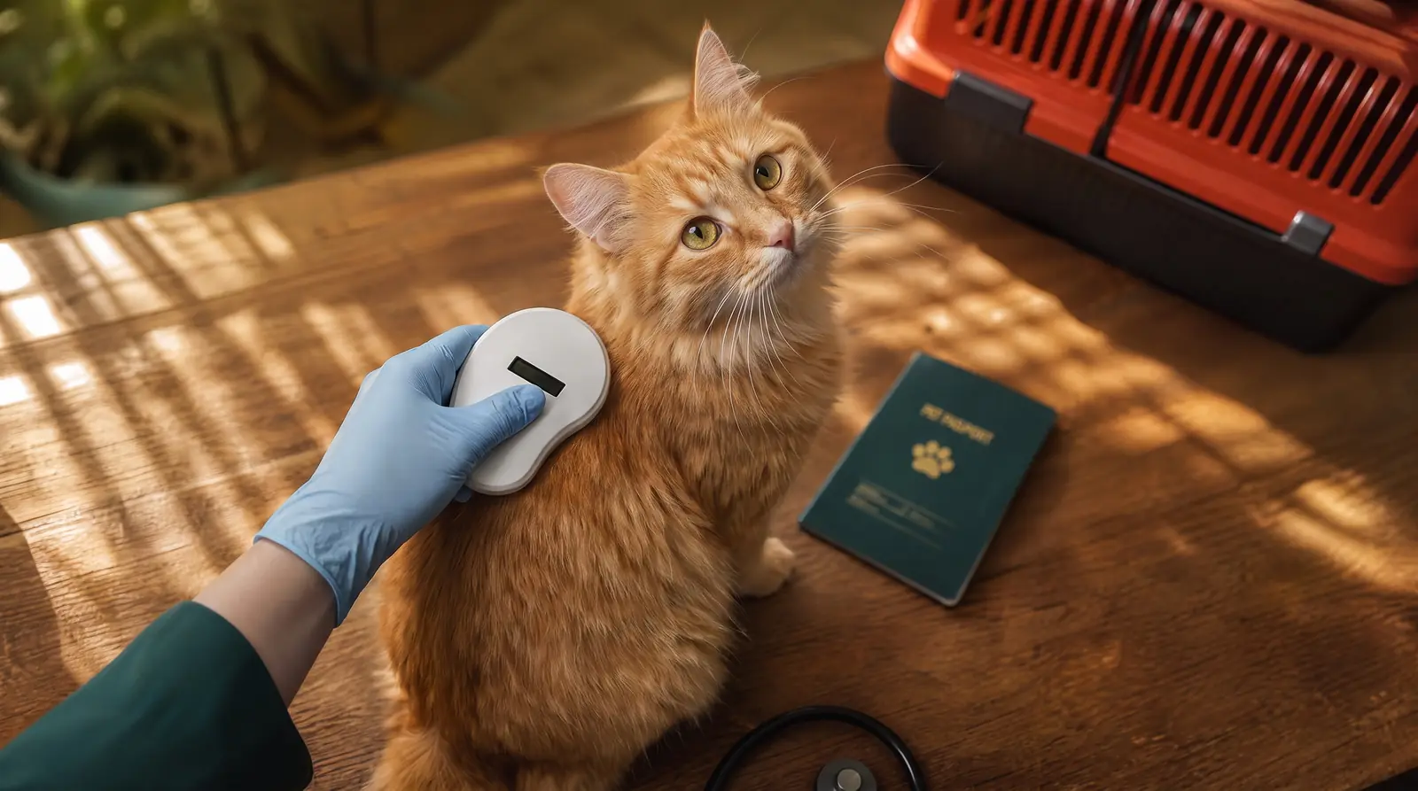 Leitura do microchip de um gato laranja ao lado do passaporte