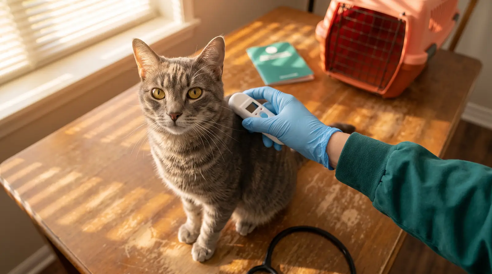 Leitura do microchip de um gato cinza sobre uma mesa, ao lado do passaporte