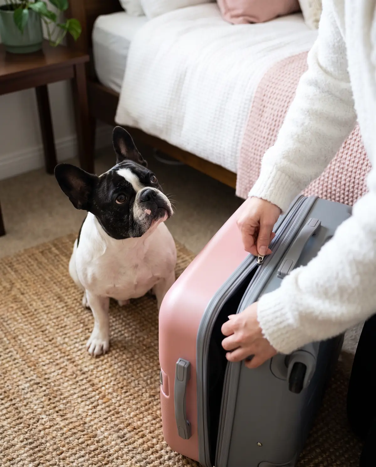 Tutora arrumando a mala de viagem enquanto o cão a observa