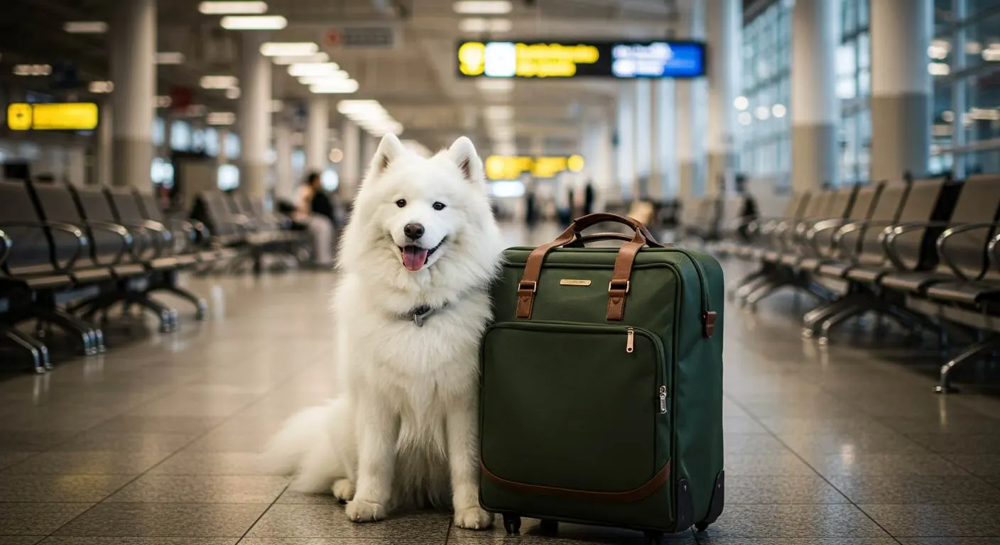 Cachorro no aeroporto ao lado de uma mala