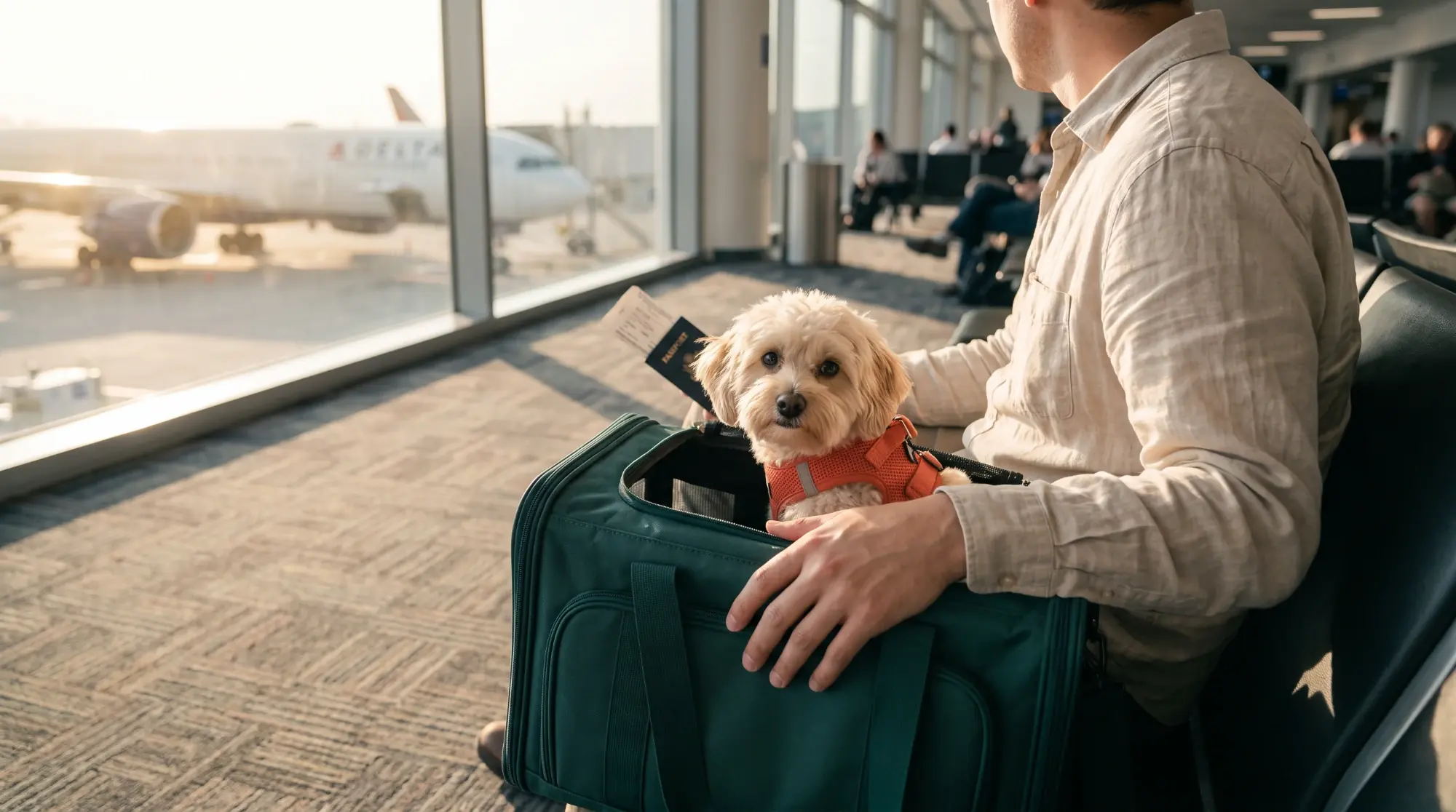 Tutor sentado no aeroporto com o cachorro na bolsa de transporte, junto do passaporte e da passagem